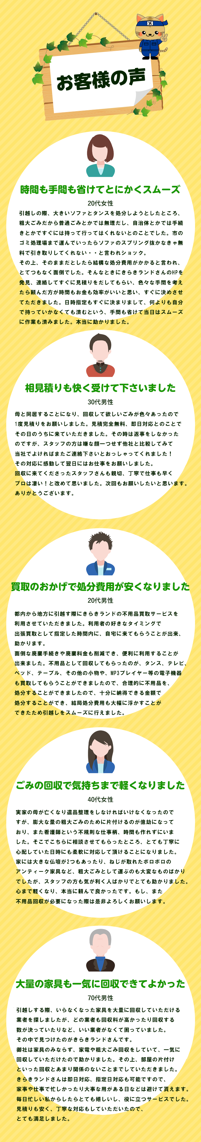 お客様の声。時間も手間も省けてとにかくスムーズ。相見積もりも快く受けてくださいました。買取のおかげで処分費用が安くなりました。ゴミの回収で気持ちまで軽くなりました。大量の家具も一気に回収できて良かった