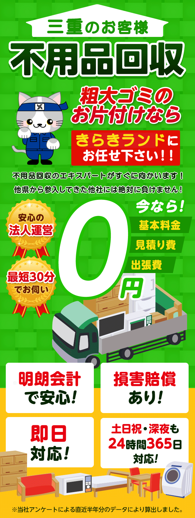 三重のお客様は不用品回収きらきランド三重にお任せ下さい！粗大ごみのお片付けもお任せ下さい。不用品回収のエキスパートたちが最短30分でお伺いいたします！他の県から参入してきた他社様には絶対に負けません！安心の法人運営で今なら基本料金・見積もり費・出張費が無料！！明朗会計で安心・損害賠償・即日対応・土日祝・深夜・24時間365日対応